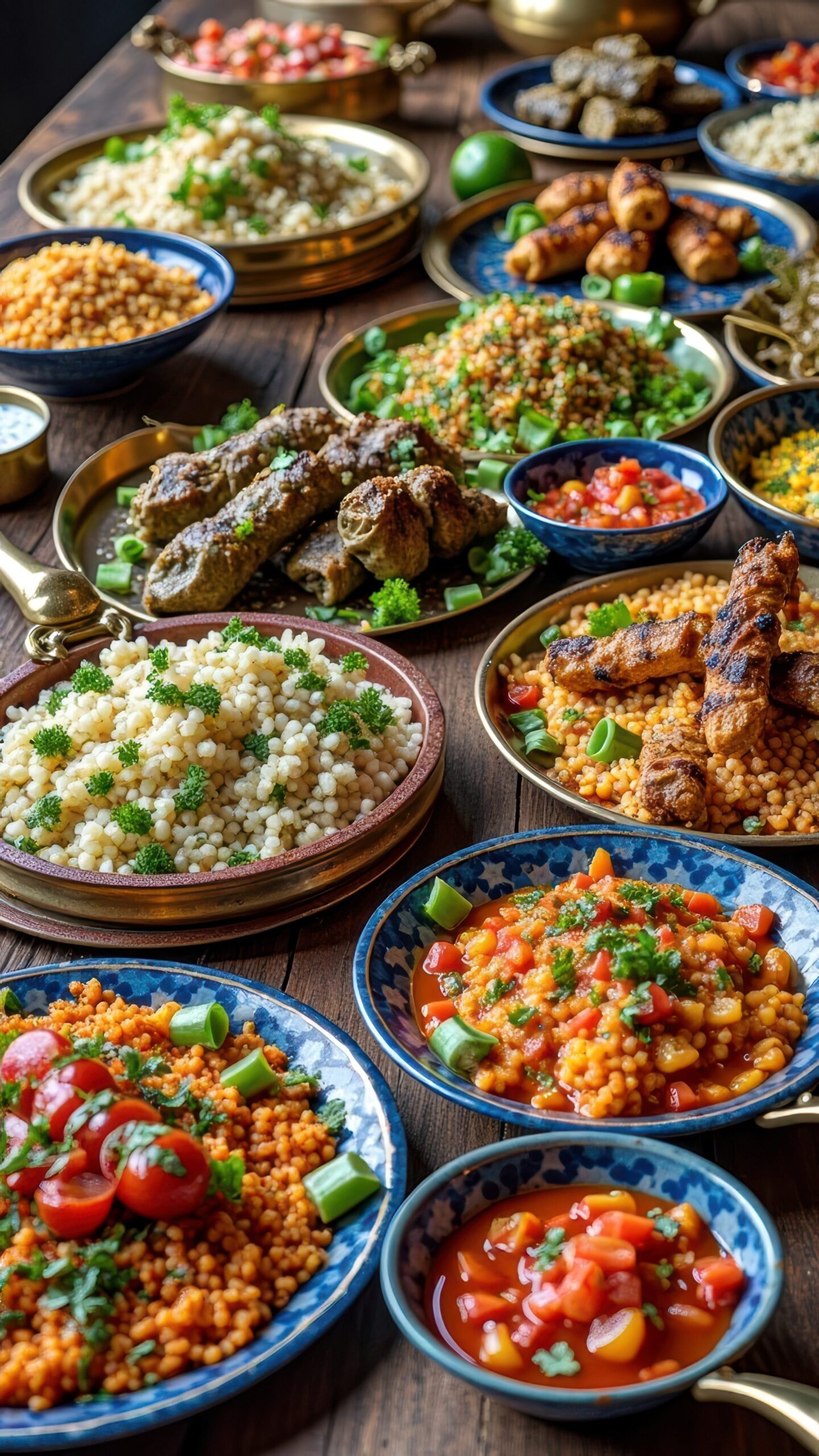 assorted middle eastern dishes with couscous, vegetables, and grilled meats on wooden table