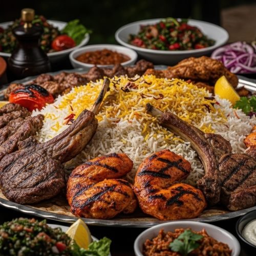 a large platter of various grilled meats, rice, and side dishes, showcasing a middle eastern or mediterranean cuisine feast.